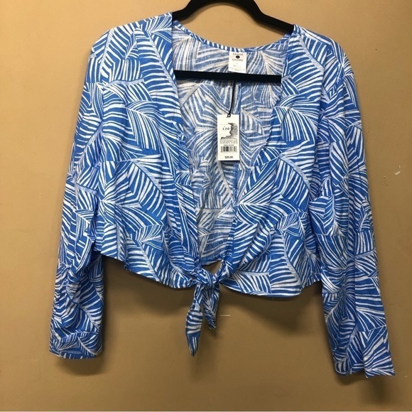 Shade & Shore Blue White Cropped Tie Front Linen Blend Coverup Size L NWT - Picture 1 of 6